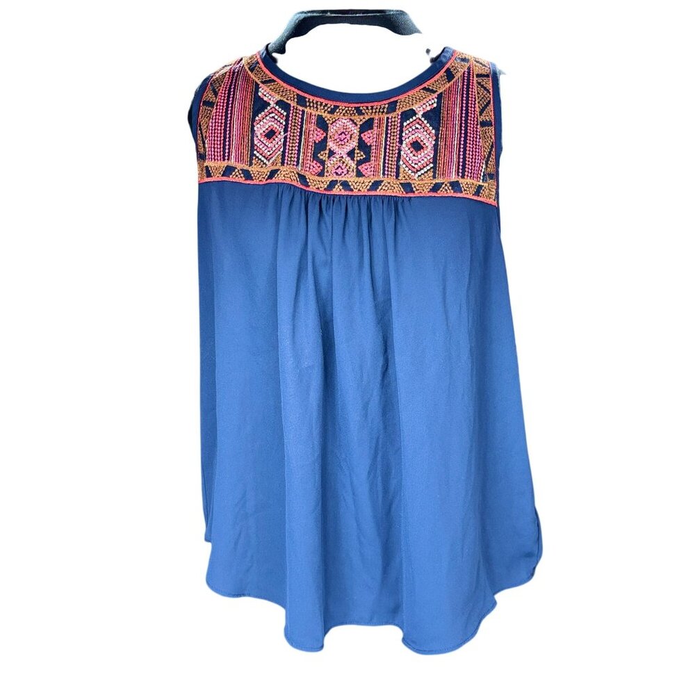 Iz Byer Womens Sleeveless Embroidered Navy Top X-Large Solid Crepe Back Button